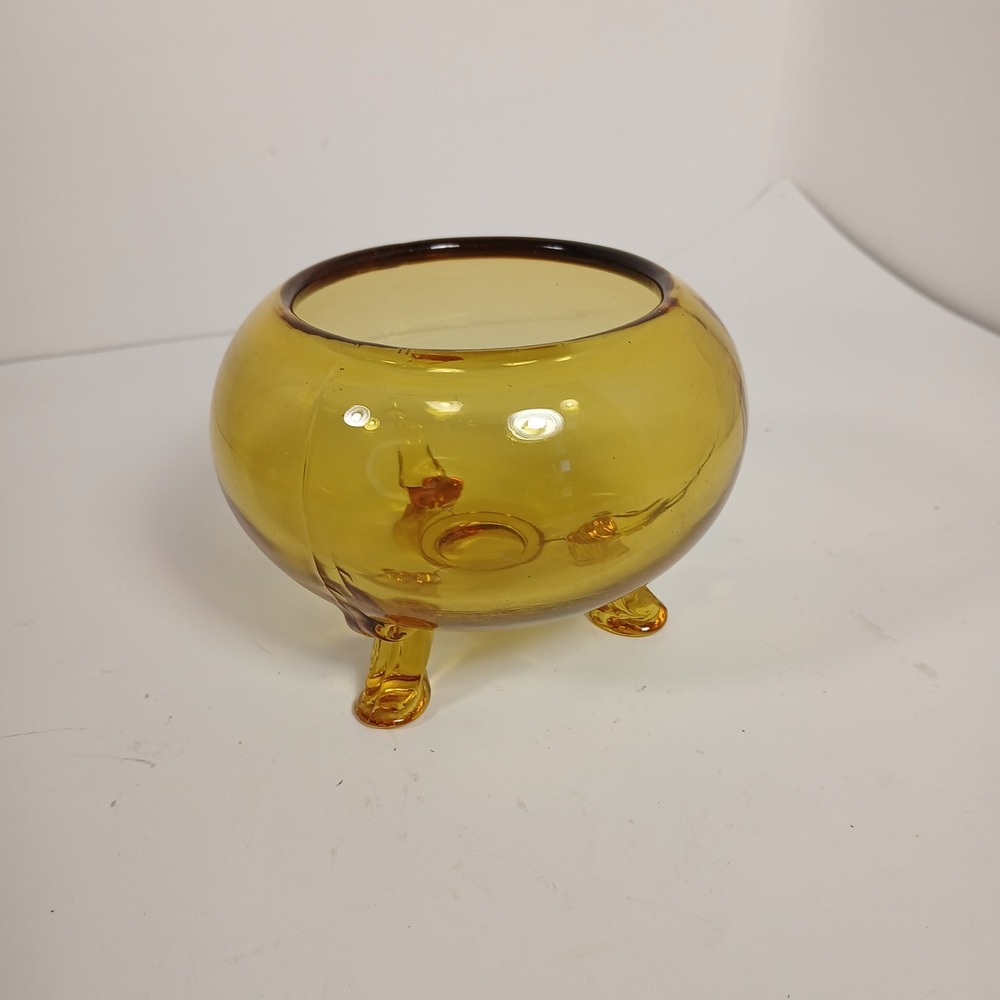 Viking Art Glass AMBER GOLD Round Dish Bowl Candle Flower Light Tri Footed Vtg